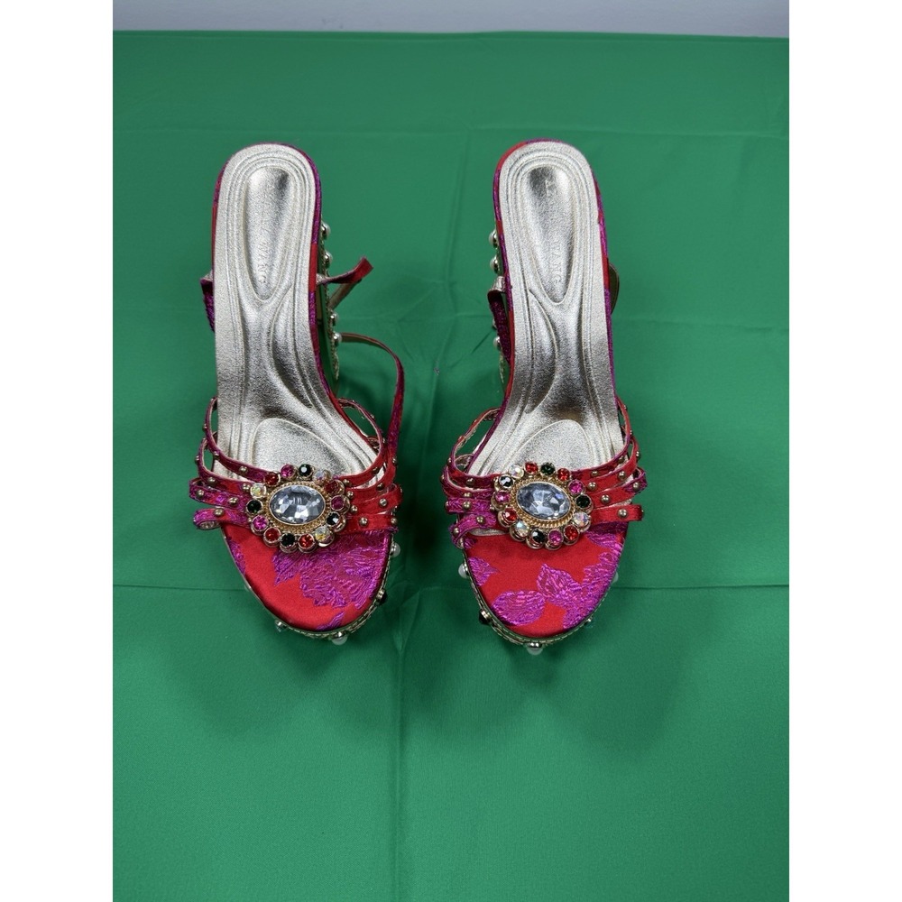 Azalea Wang Womens 8 Jeweled Platform Block Heel Sandals Pink Floral Pearl